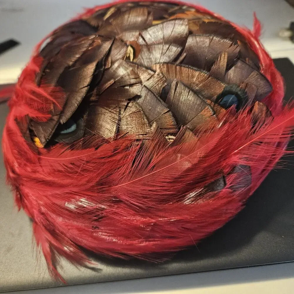 VTG 40s 50s Women PHEASANT FEATHER Fascinator PILLBOX HAT Fushia Colorful